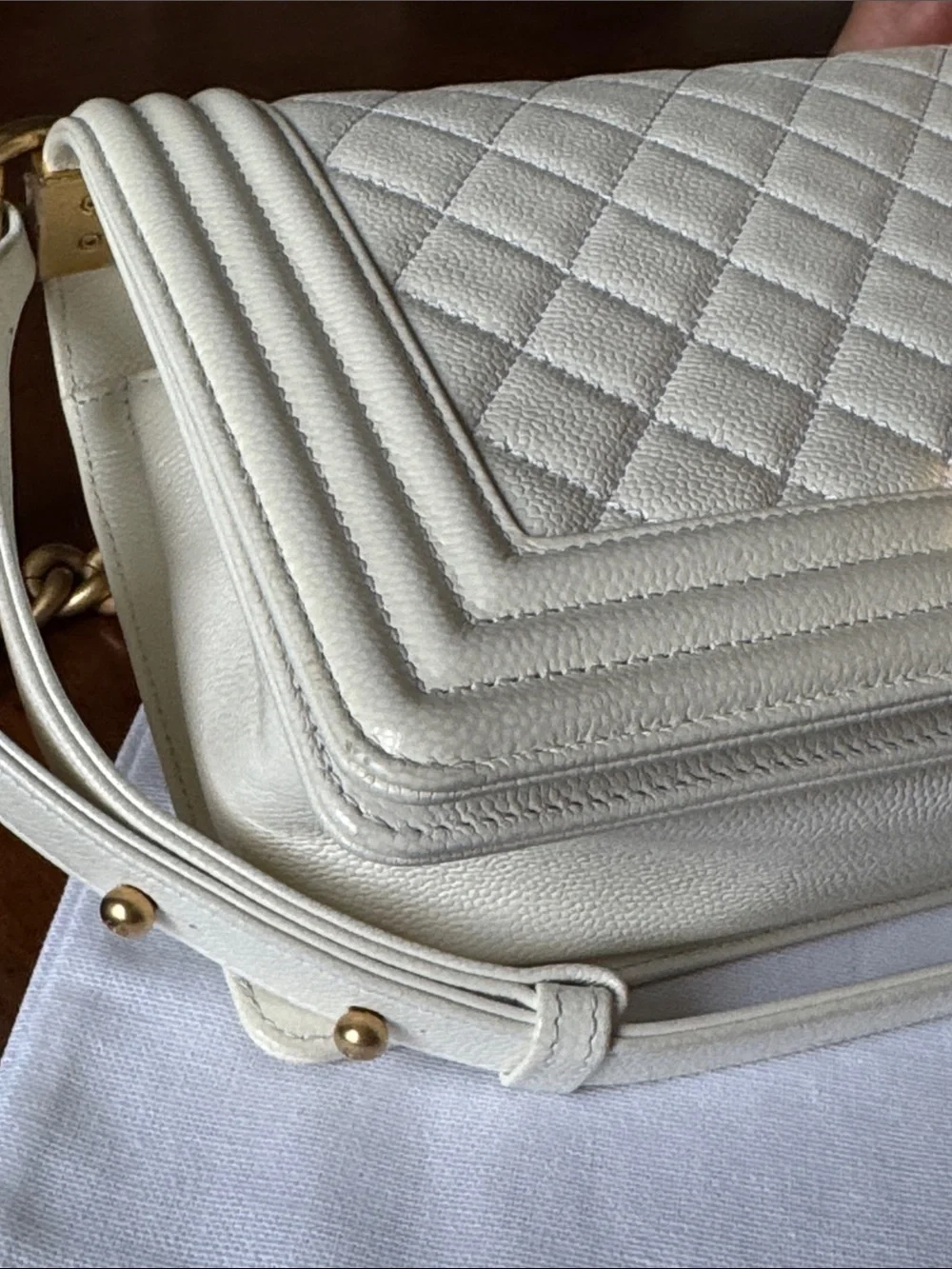 CHANEL Off White  Quilted Boy Shoulder Bag with Gold Hardware